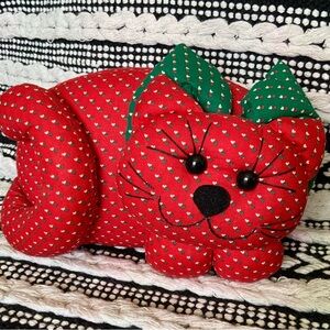 Vintage Cat Door Stop Stuffed Plush Kitty Handmade Red Green Heart Cat Lover